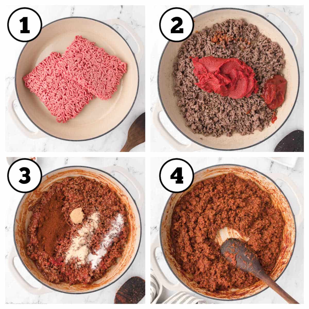 Steps 1-4 of image collage of how to make hot dog sauce.