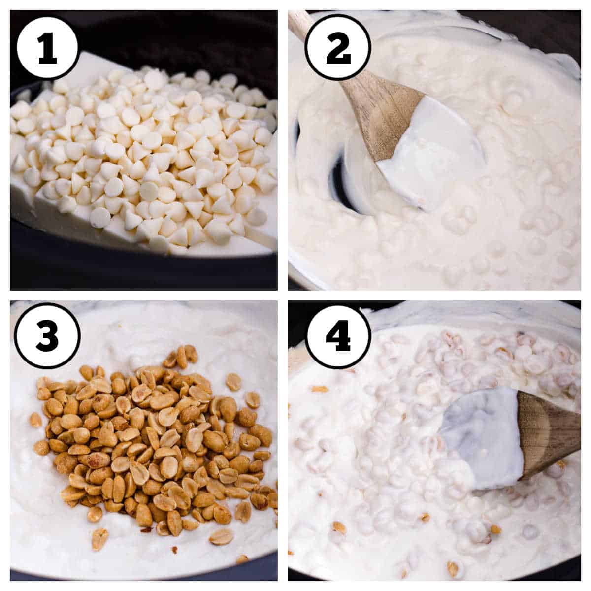 Steps 1-4 of how to make  white chocolate crock pot candy.