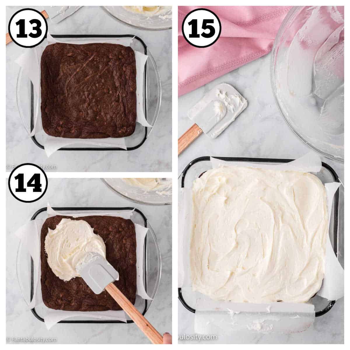 Steps 13-15 how to frosting brownies with cream cheese frosting.