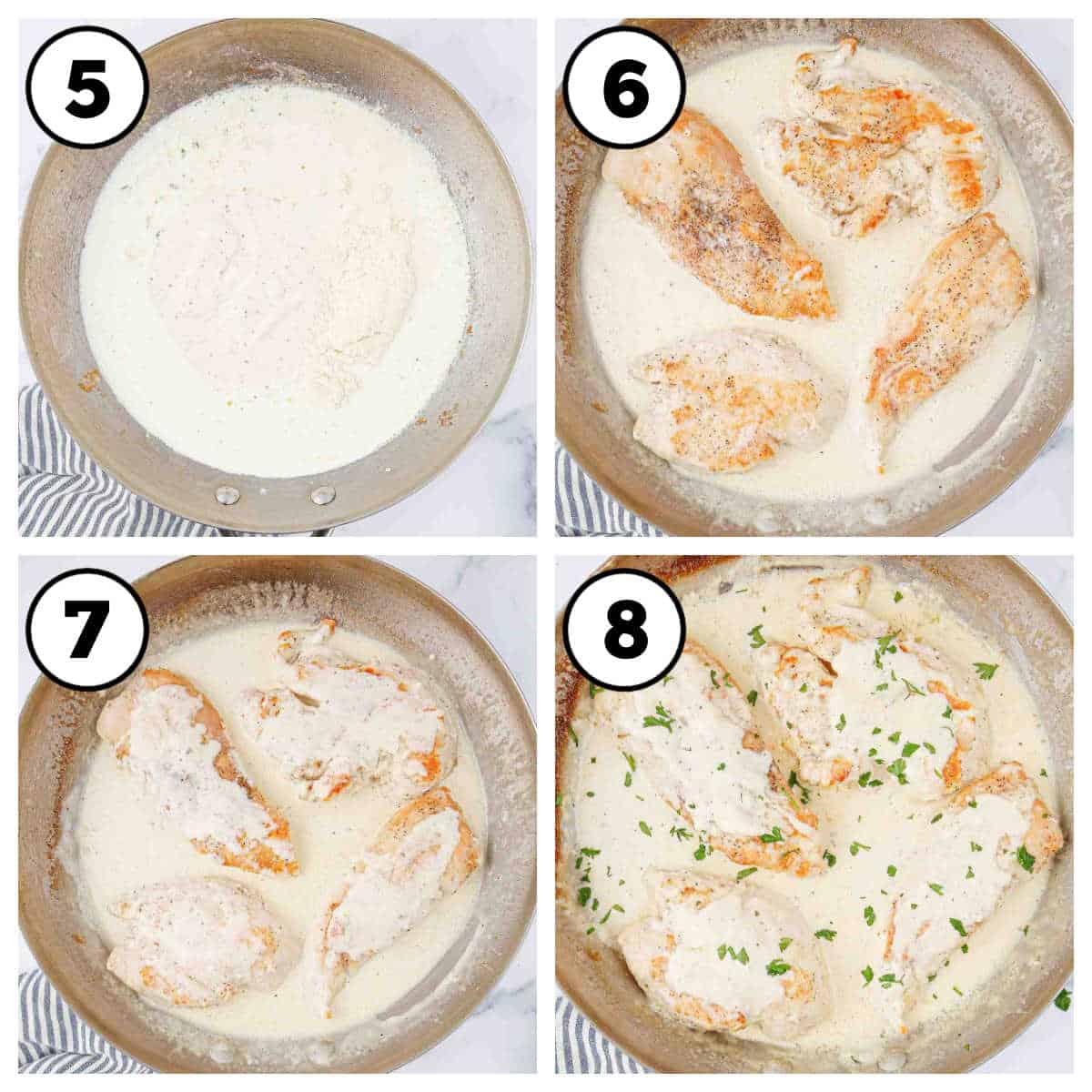 Steps 5-8 for how to make Caesar chicken in creamy sauce.