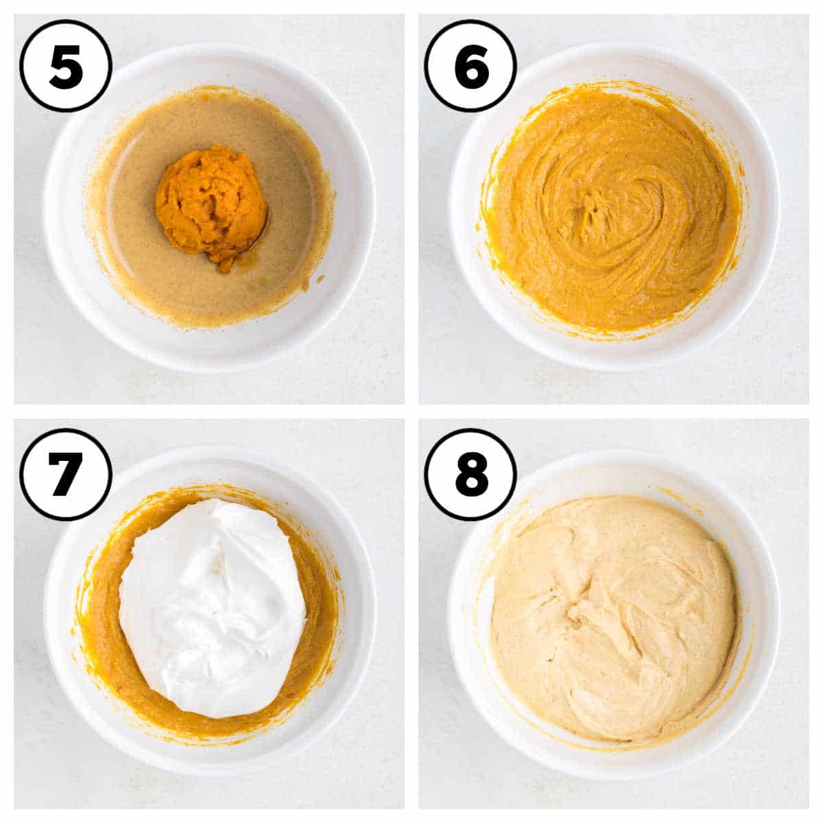 Steps 5-8 collage of making no bake pumpkin pie.