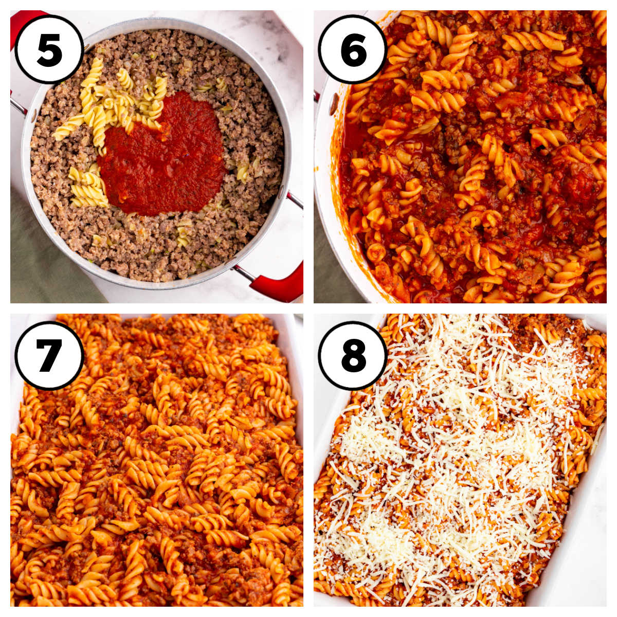 Steps 5-8 on how to make a sausage pasta bake.