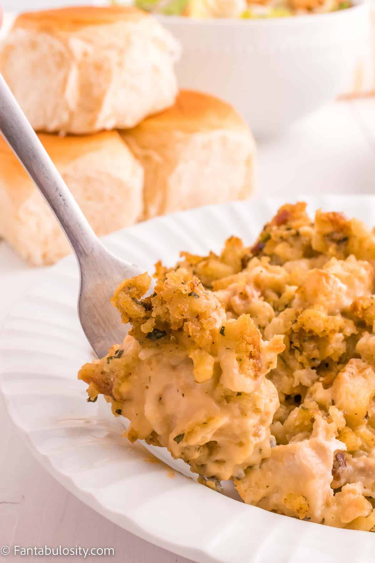 Stove Top Stuffing Chicken Casserole serving in white plate.