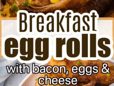 Breakfast egg rolls, showing close up of inside and stack of rolls on white plate.