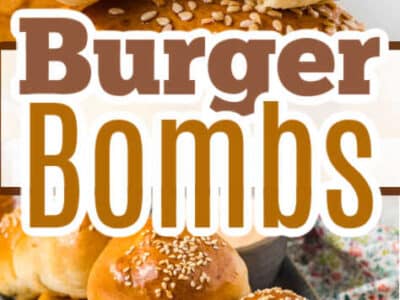 Two image collage of burger bombs, showing in the inside cheeseburger filling.