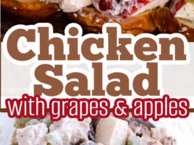 Two image collage of chicken salad with grapes and apples.