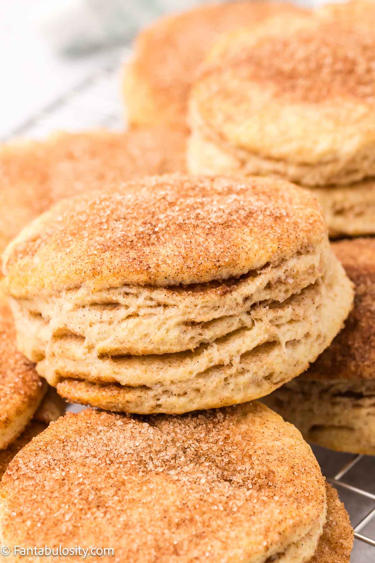 Baked cinnamon biscuits, stacked on top of each other.