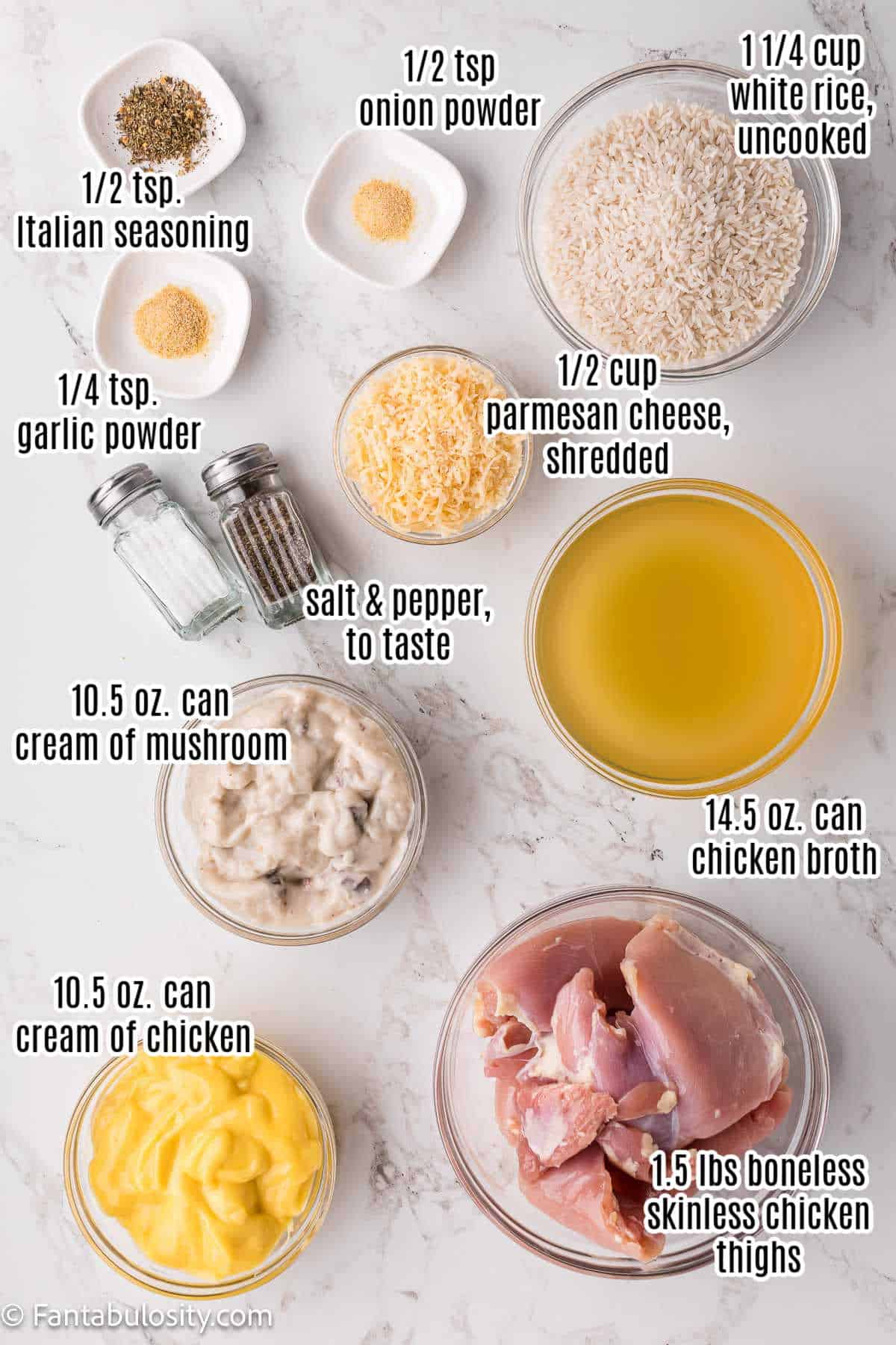 Labeled ingredients for chicken and rice.