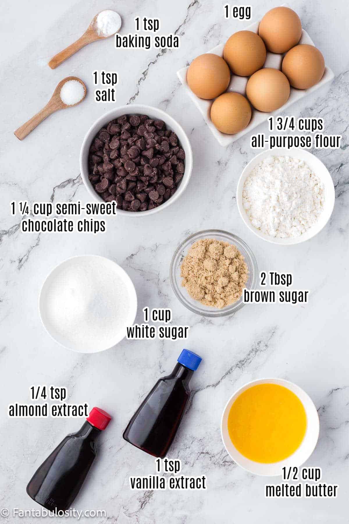 Labeled ingredients for chocolate chip sugar cookies.