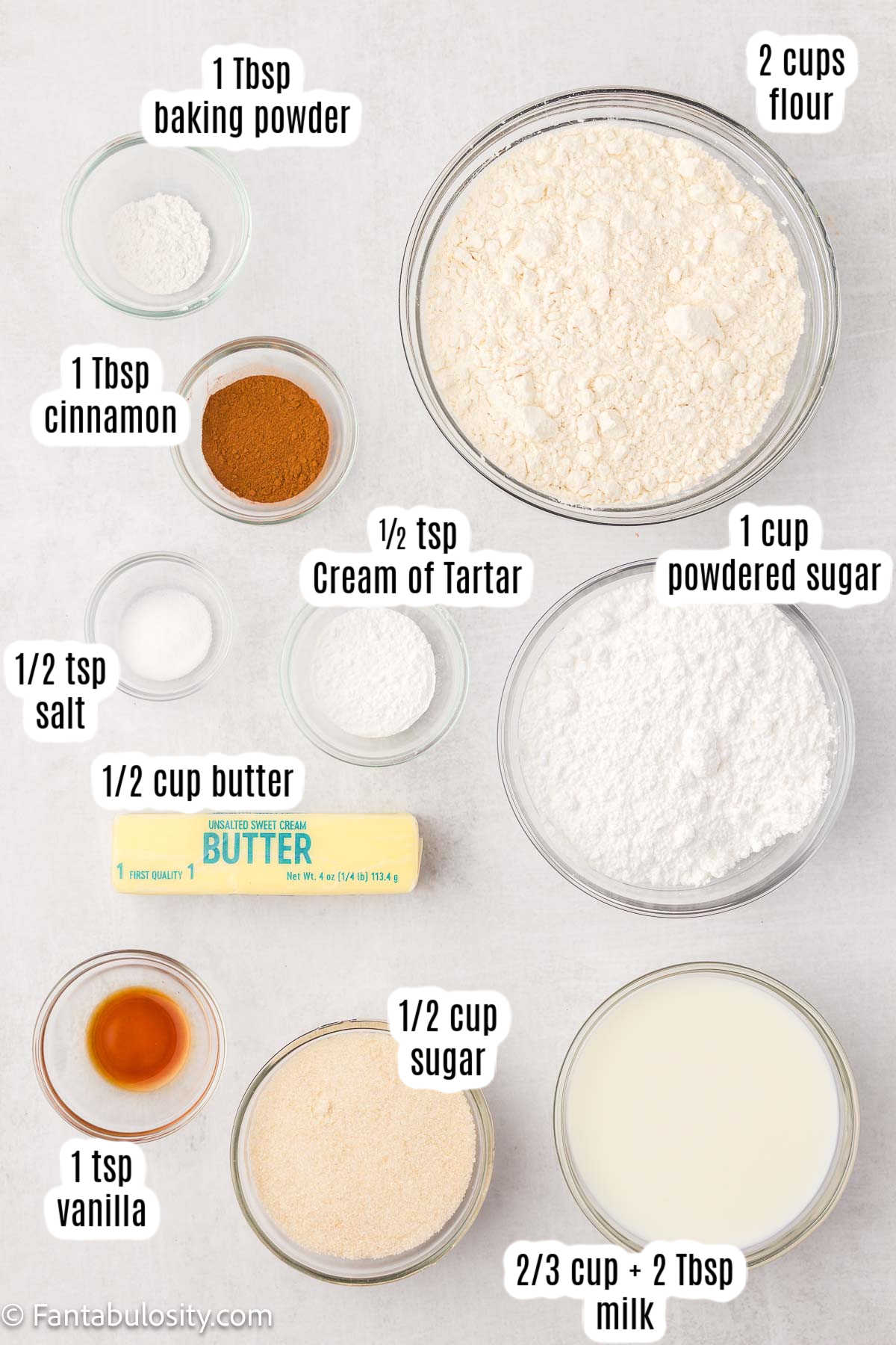Labeled ingredients for cinnamon biscuits.