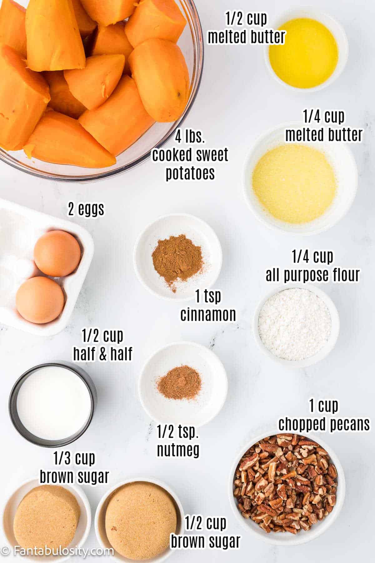 Labeled ingredients for sweet potato crunch.
