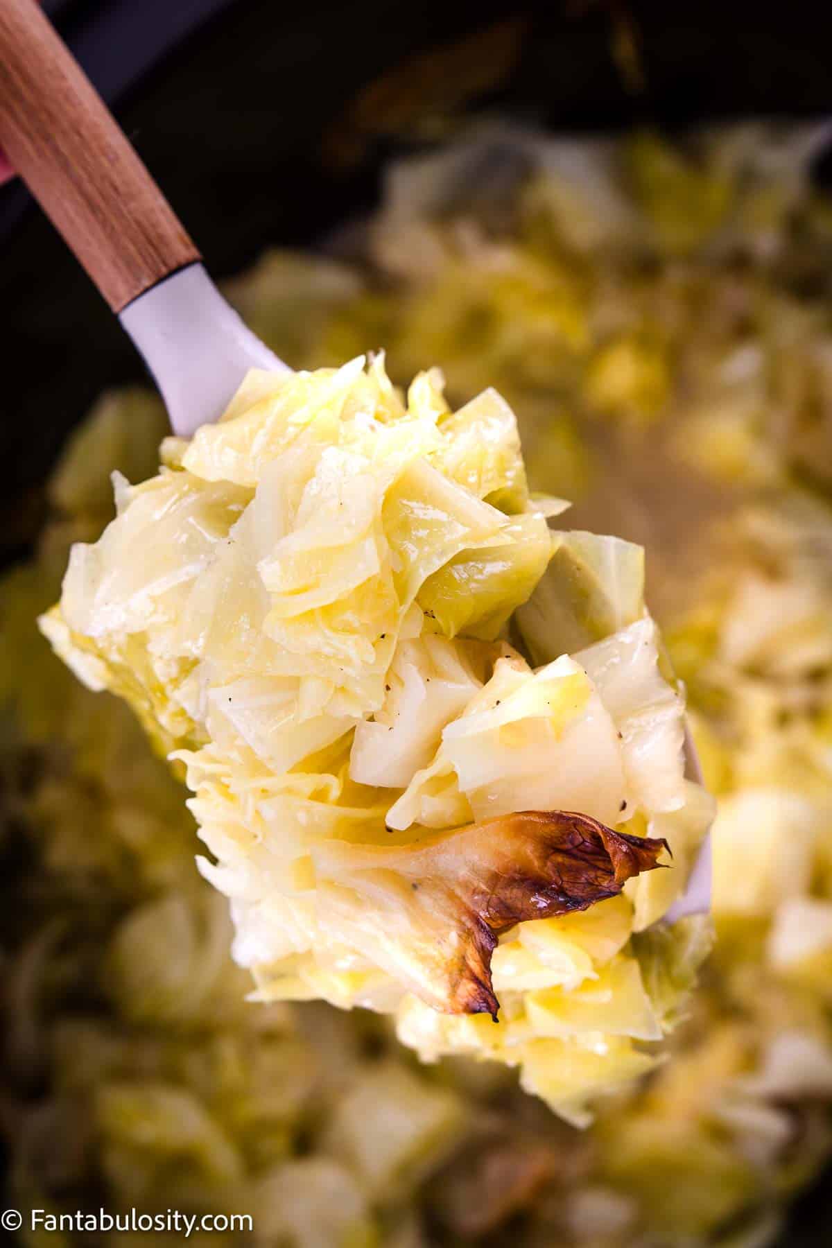 Cooked cabbage on a serving spoon, over the slow cooker.