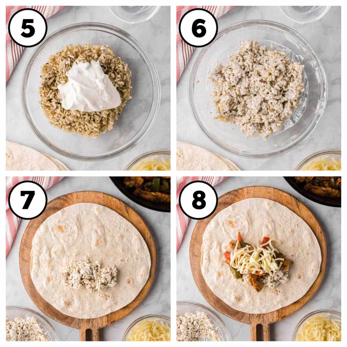 Steps 5-8 on how to make chicken fajita wraps.