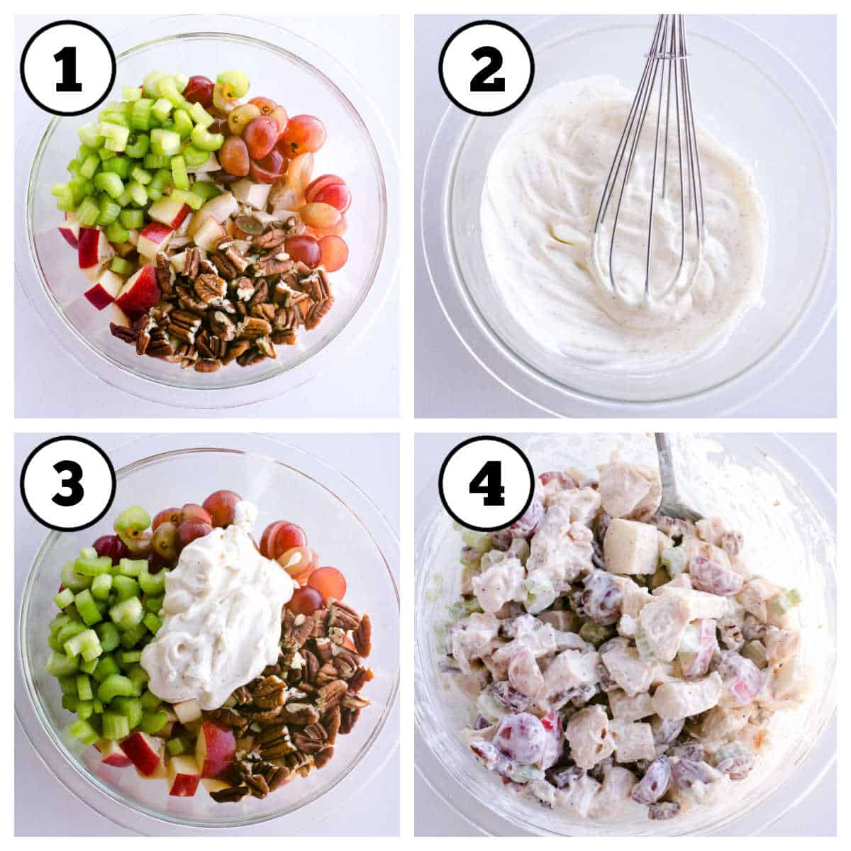 Steps 1-4 of how to make chicken salad with grapes and apples.