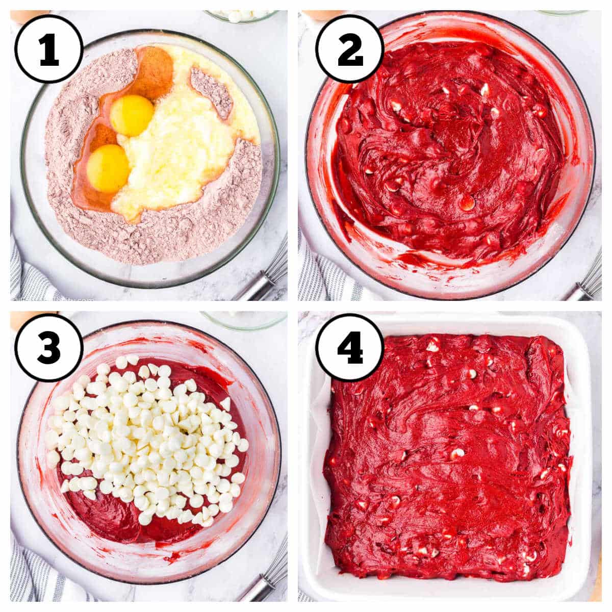 Steps 1-4 of red velvet brownies with a cake mix.