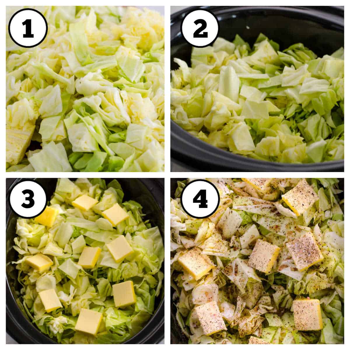 Steps 1-4 of making slow cooker cabbage.