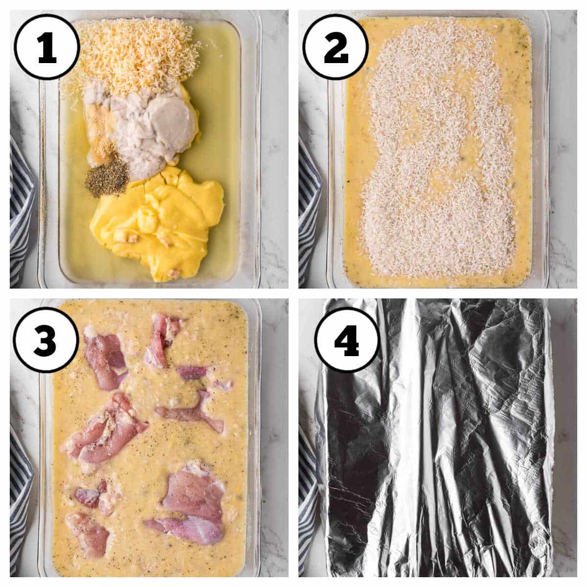 Showing steps 1-4 of how to make chicken and rice casserole.