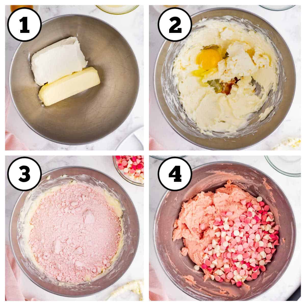 Steps 1-4 on how to make strawberry cake mix cookies.