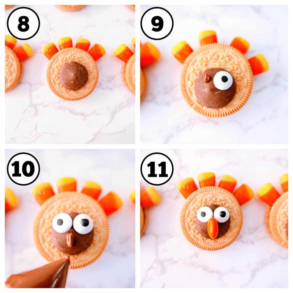 Steps 8-11 of how to make turkey cookies.