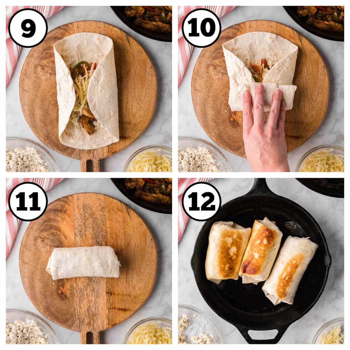 Steps 9-12 on how to make a fajita wraps recipe.