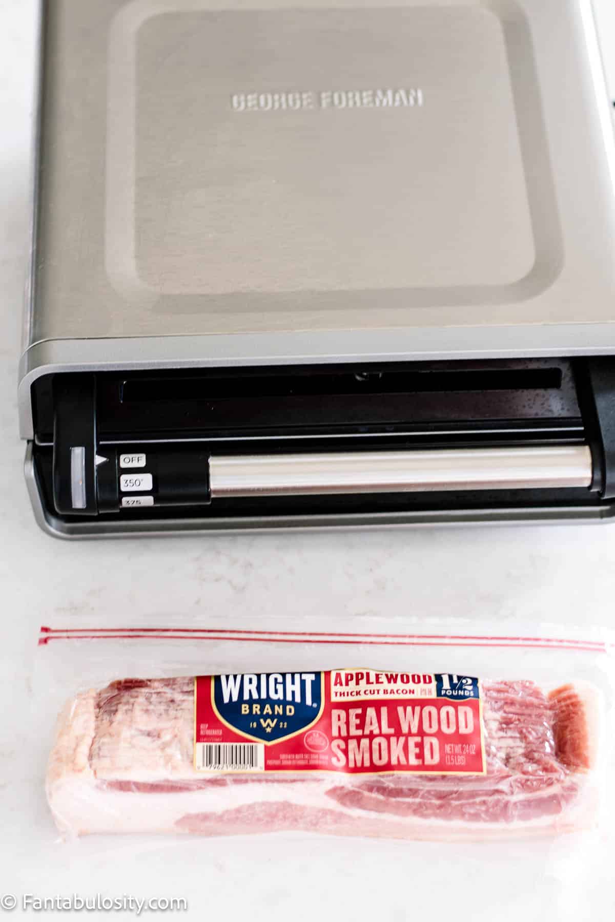 Package of bacon, sitting in front of George Foreman Grill