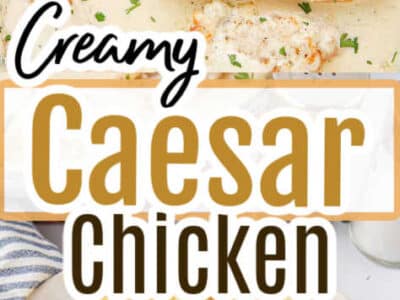 Creamy Caesar Chicken in skillet, showing close-up of chicken on noodles.