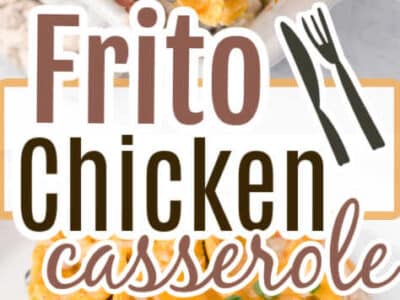 Frito Chicken Casserole close-up of spoon dishing it out of baking dish and serving on one plate.