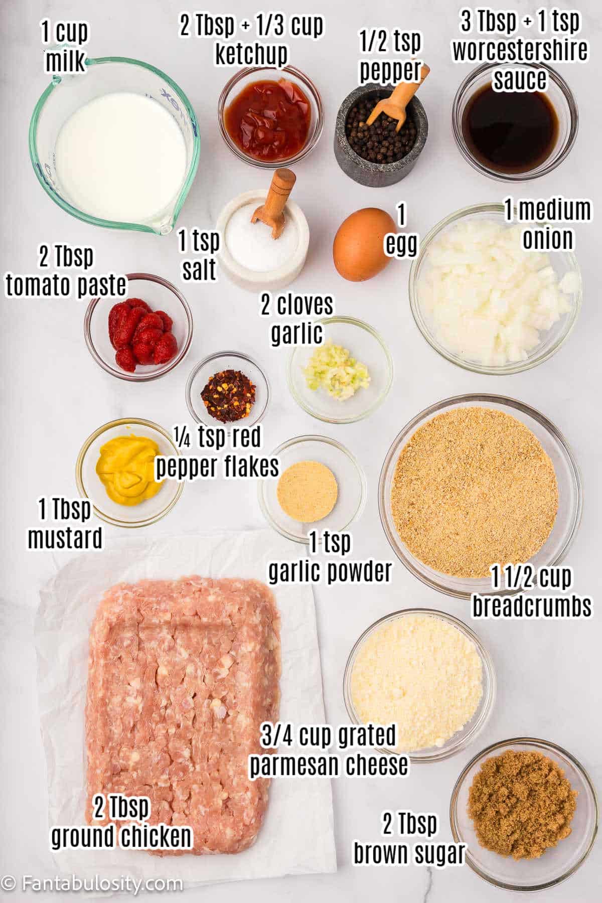 Labeled ingredients for chicken meatloaf.