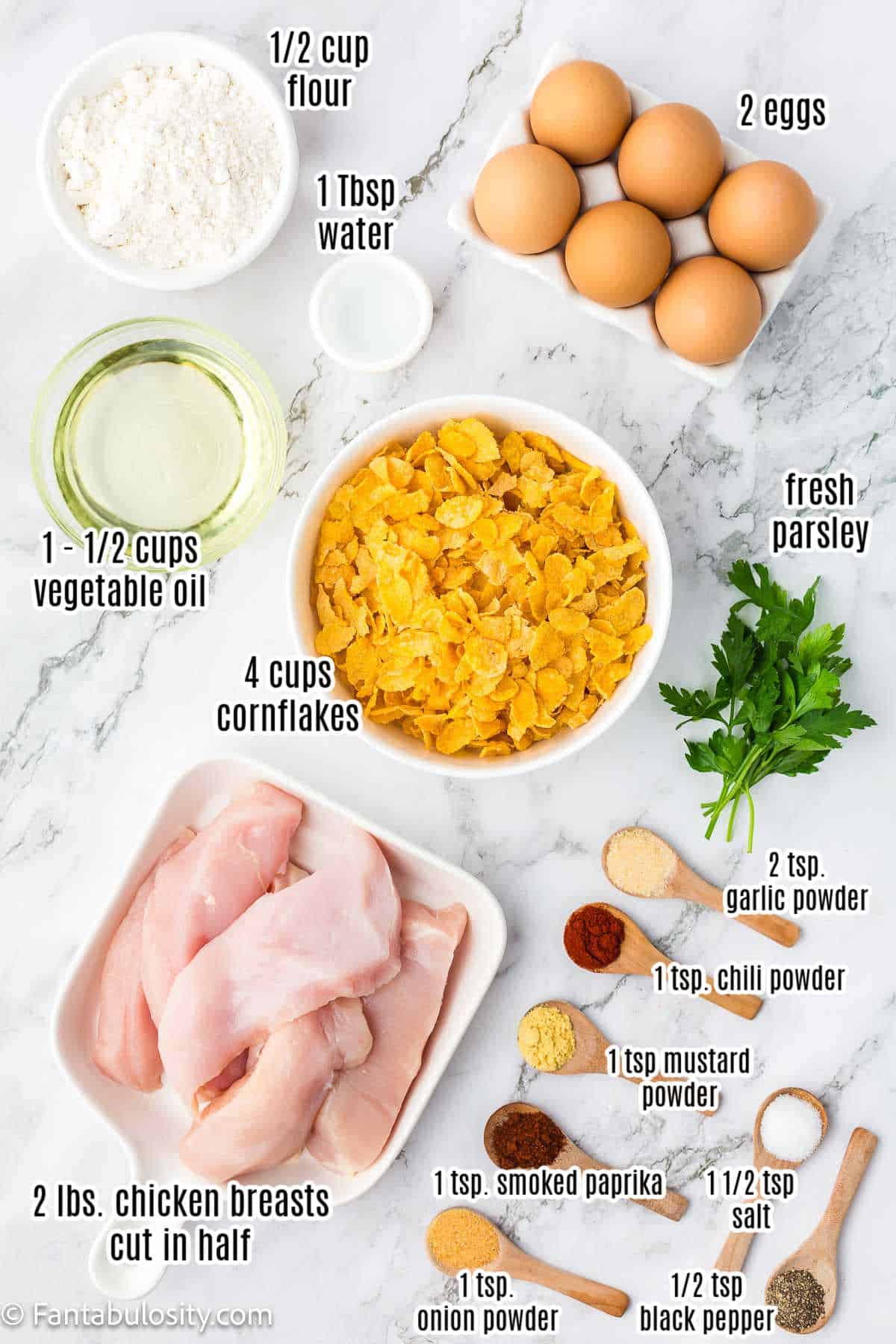Labeled ingredients for cornflake fried chicken.