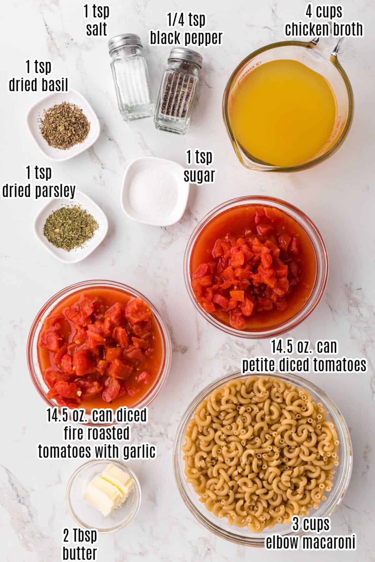 Labeled ingredients for macaroni and tomatoes recipe.