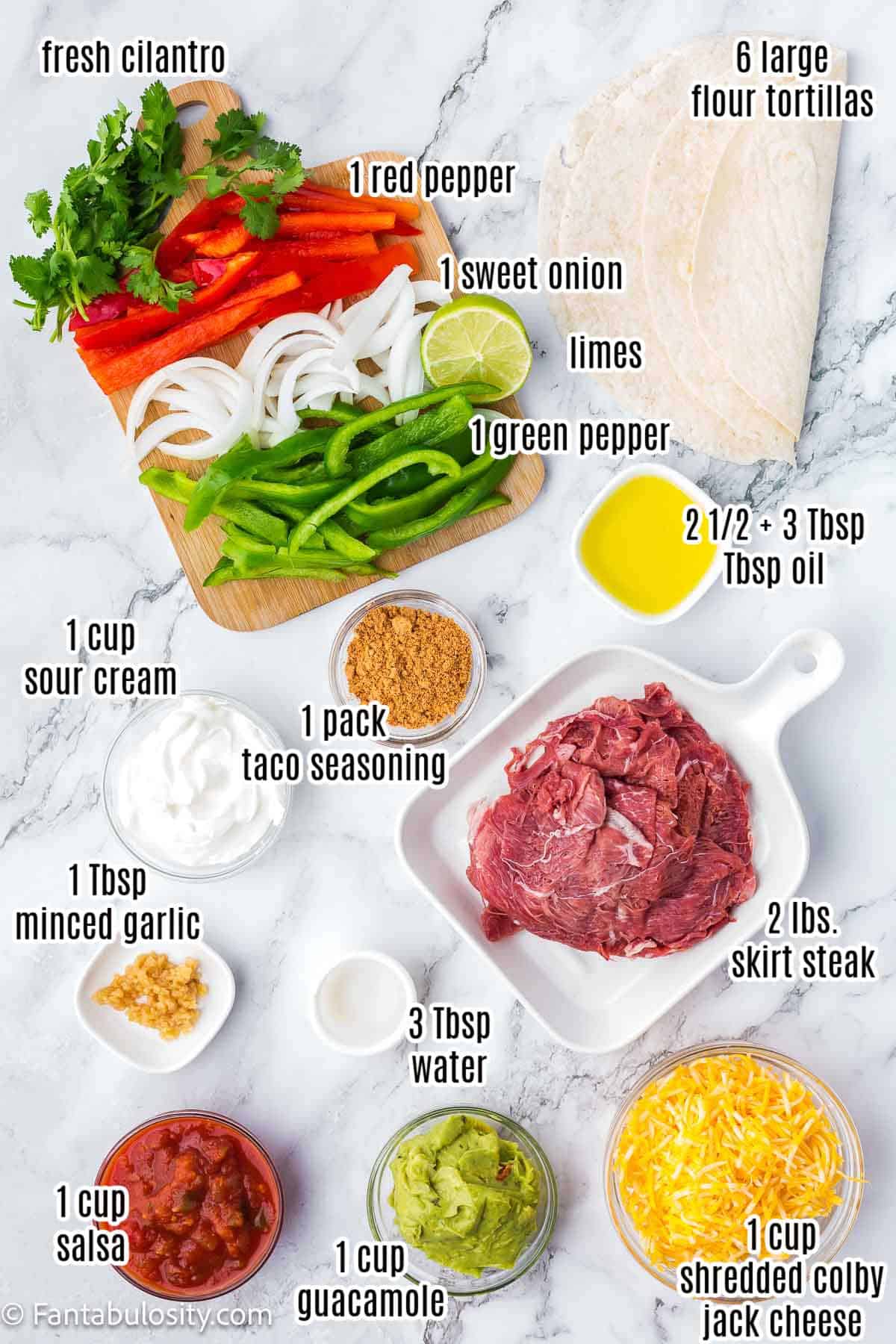 Labeled ingredients for steak quesadilla