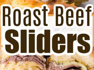 Close up of roast beef sliders, one showing in a hand and one showing in a baking pan.