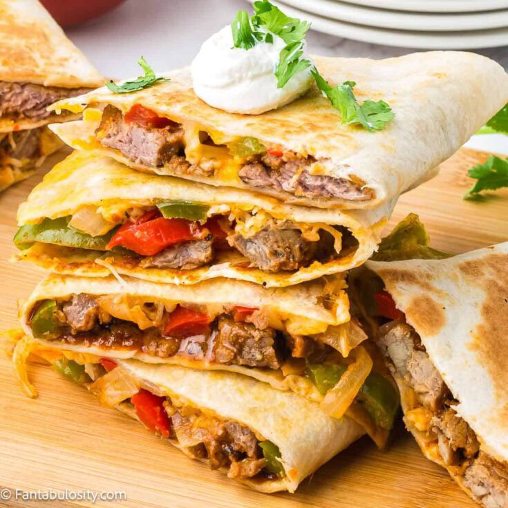 Stack of steak quesadillas.