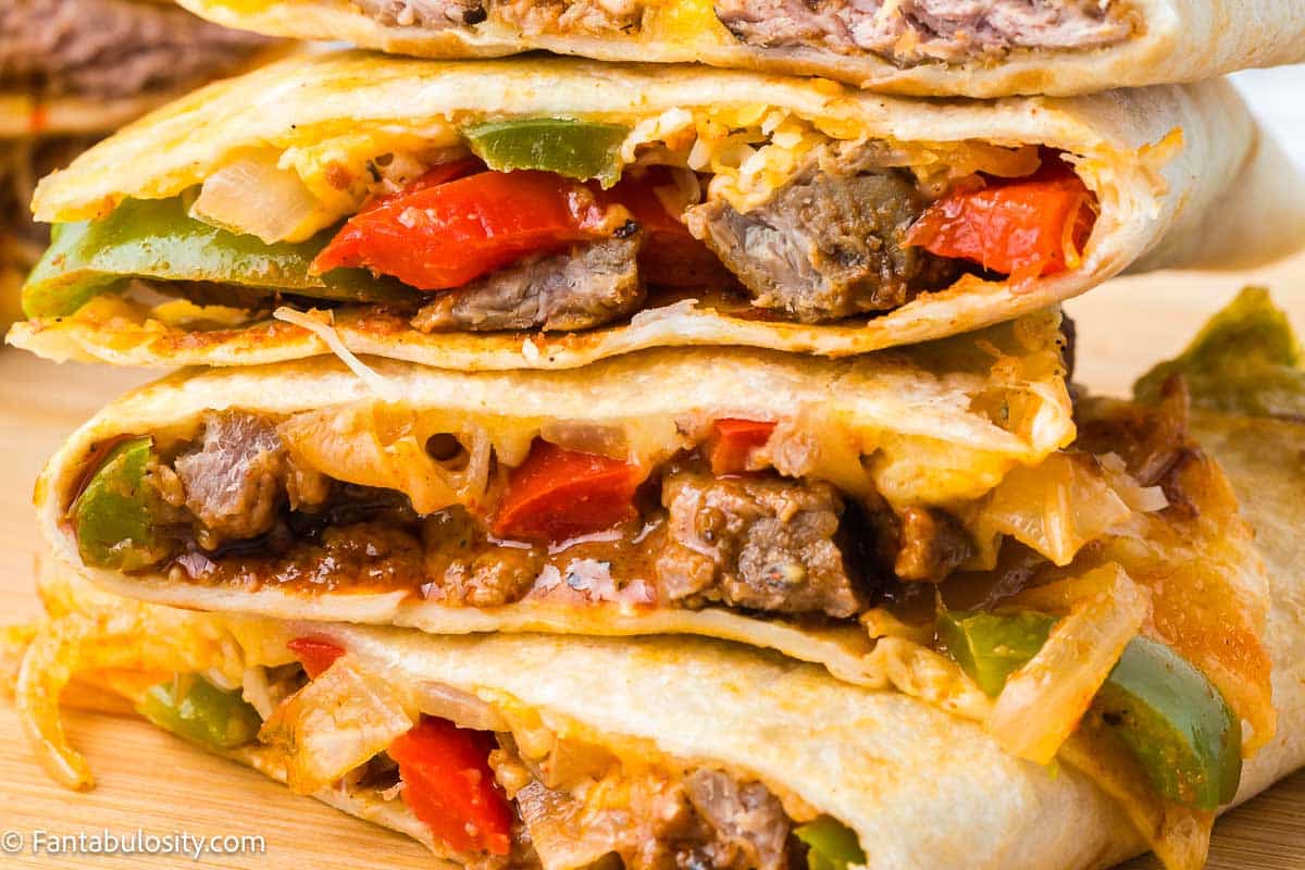 Showing close up of inside of steak quesadilla.