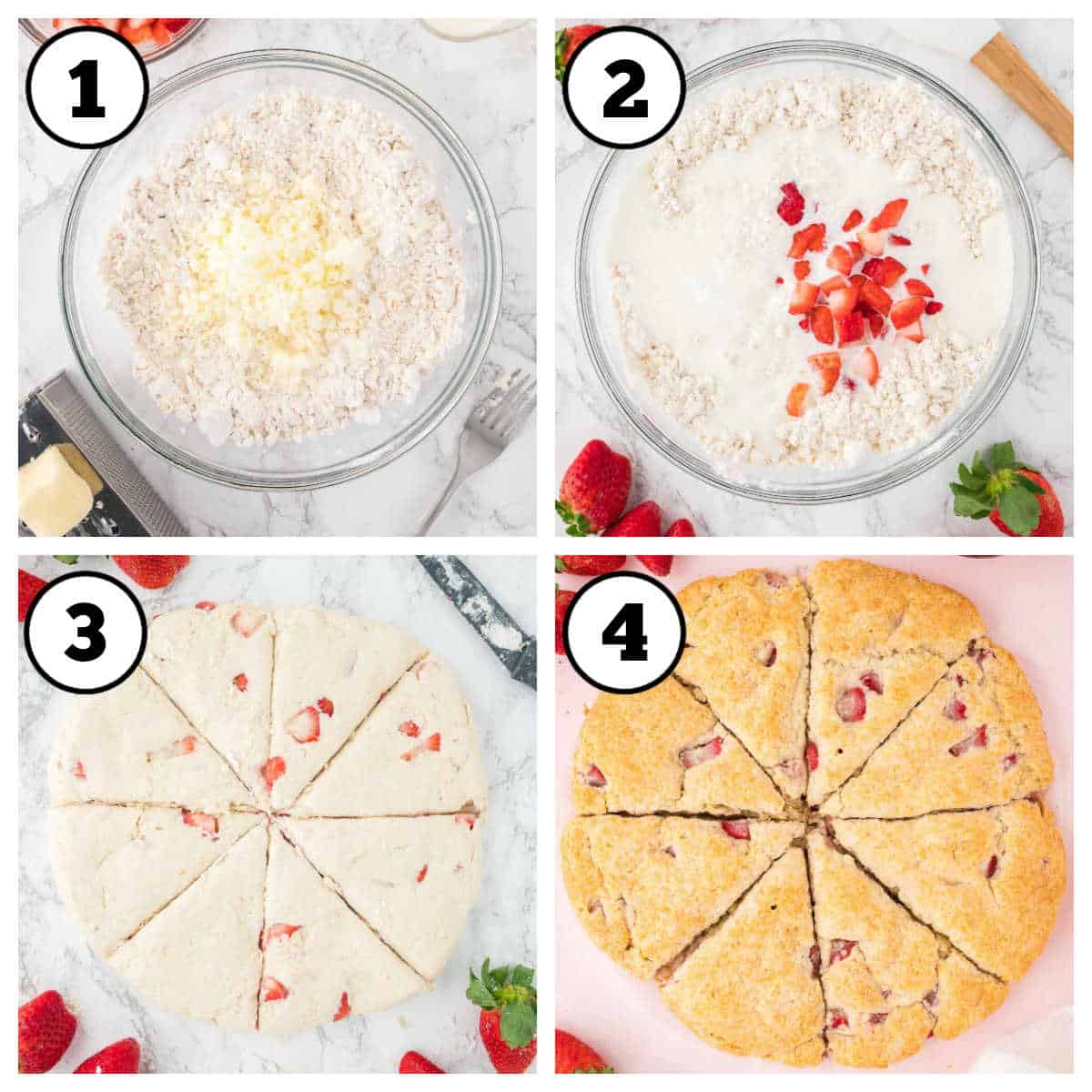 Collage showing steps 1-4 of how to make Bisquick strawberry scones.