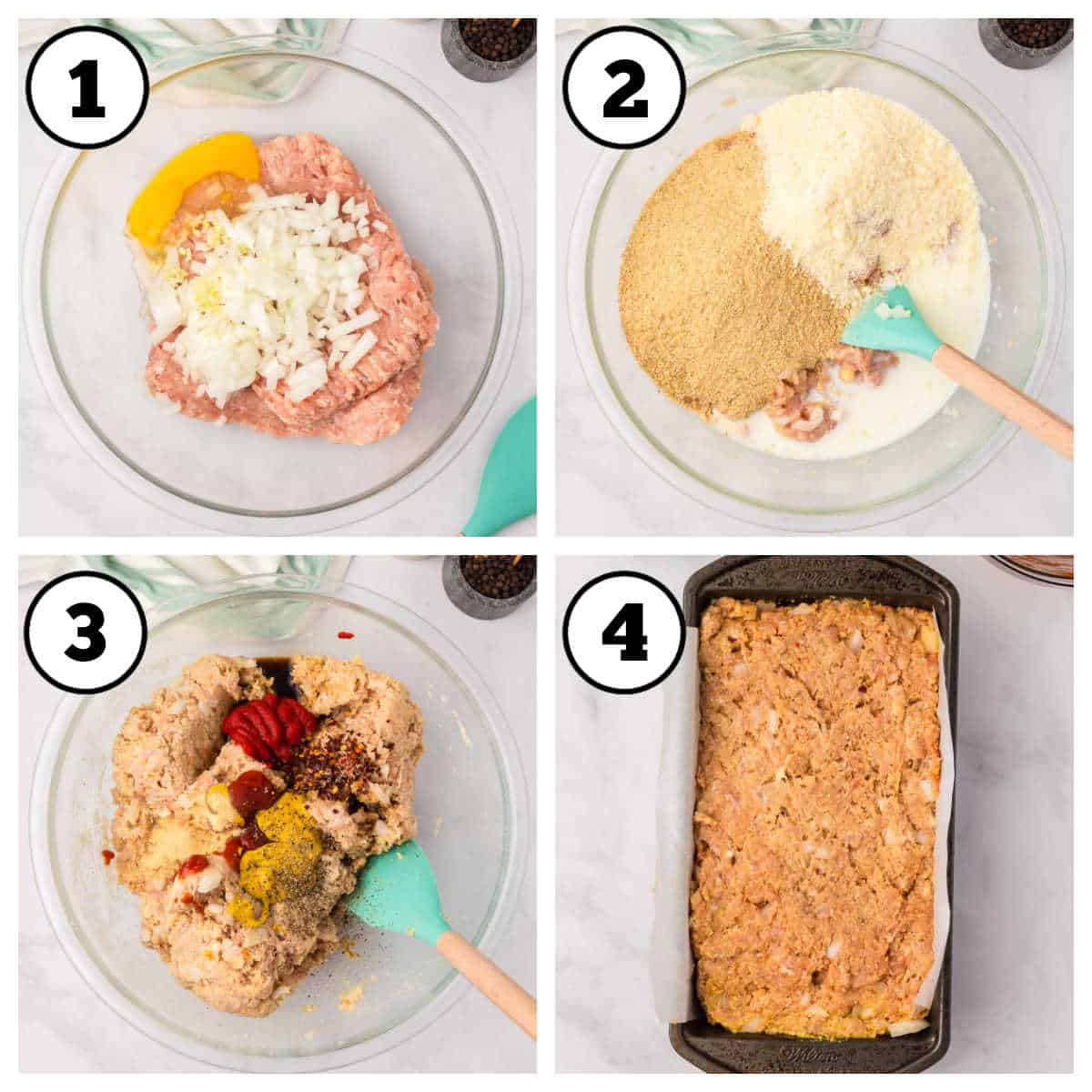 Steps 1-4 of how to make chicken meatloaf.
