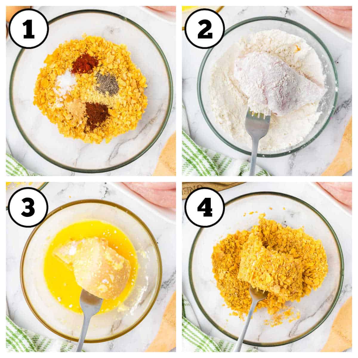 Steps 1-4 of how to make cornflake fried chicken.