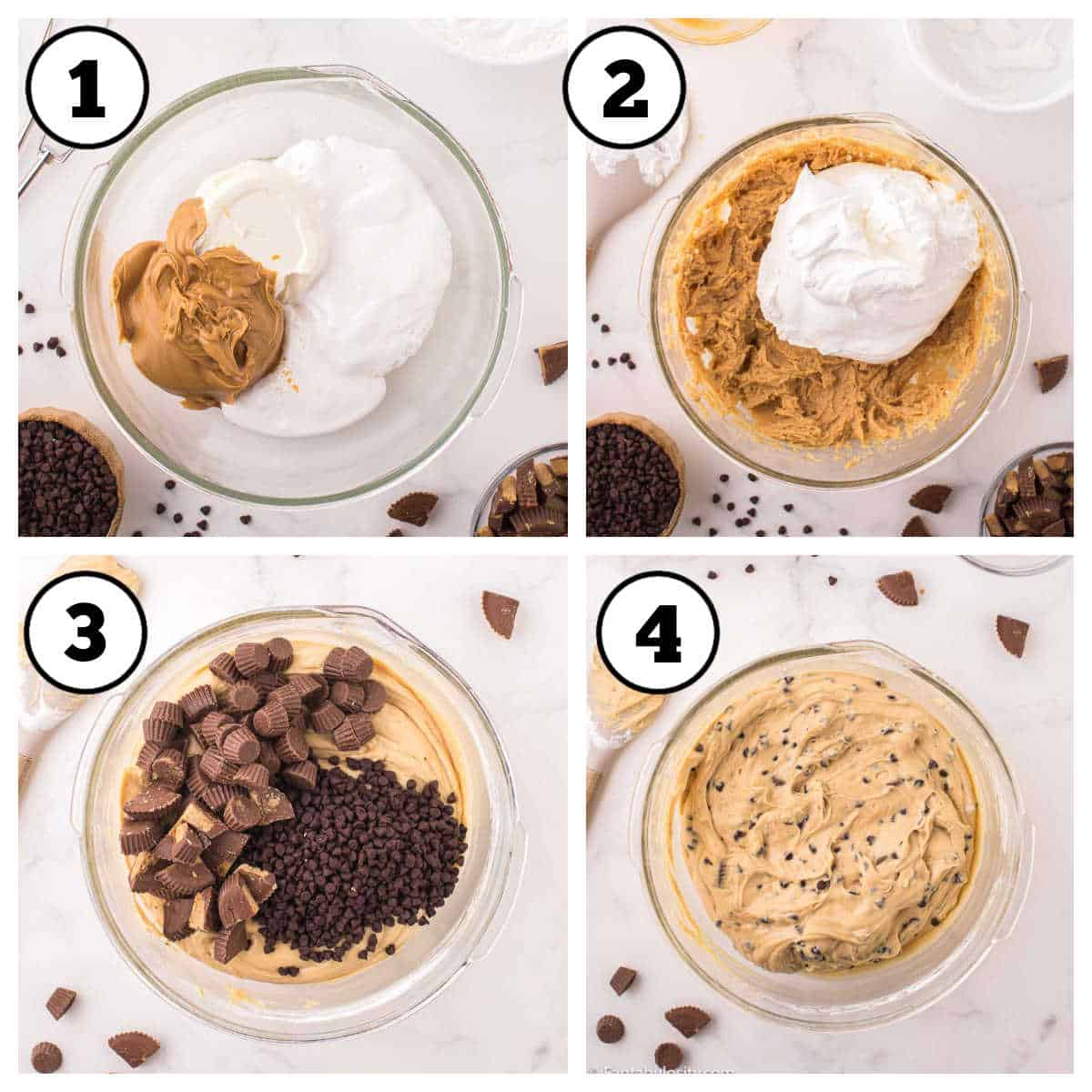 Steps 1-4 of how to make peanut butter fluff.