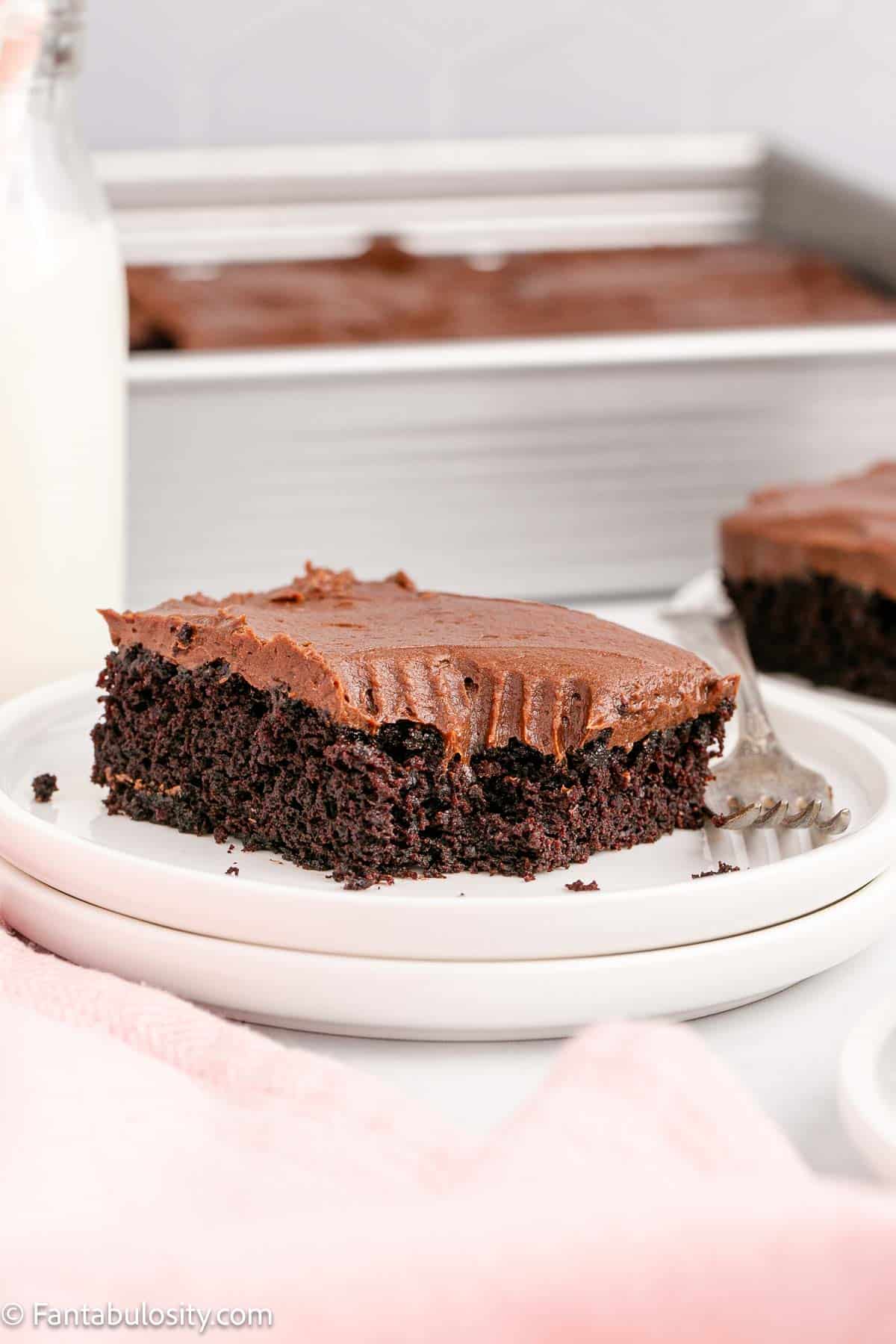 Slice of chocolate depression cake on white plate, sitting next to cake pan.