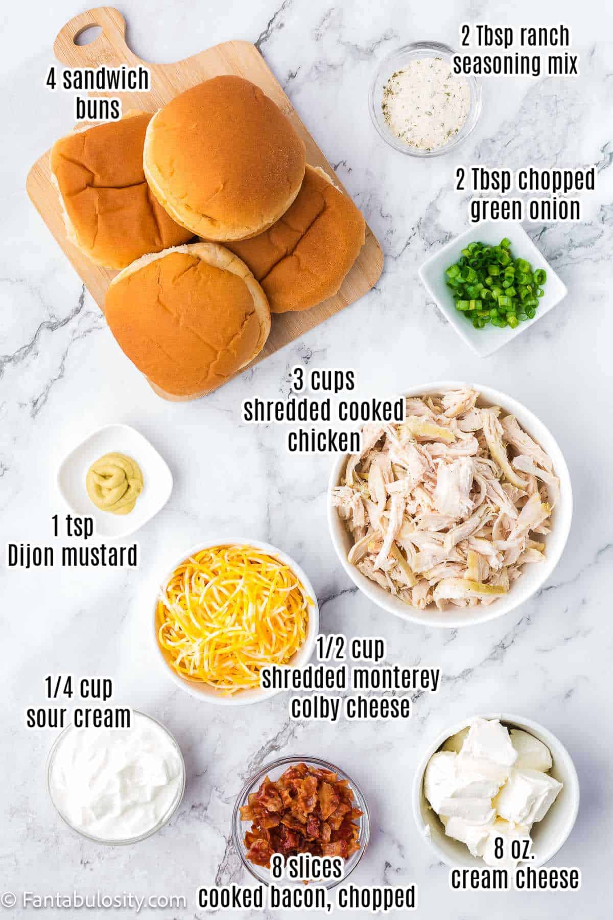 Labeled ingredients to make a chicken bacon ranch sandwich.