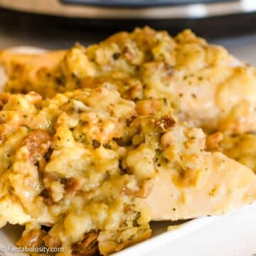 Close up of slow cooker Stove Top chicken and stuffing.