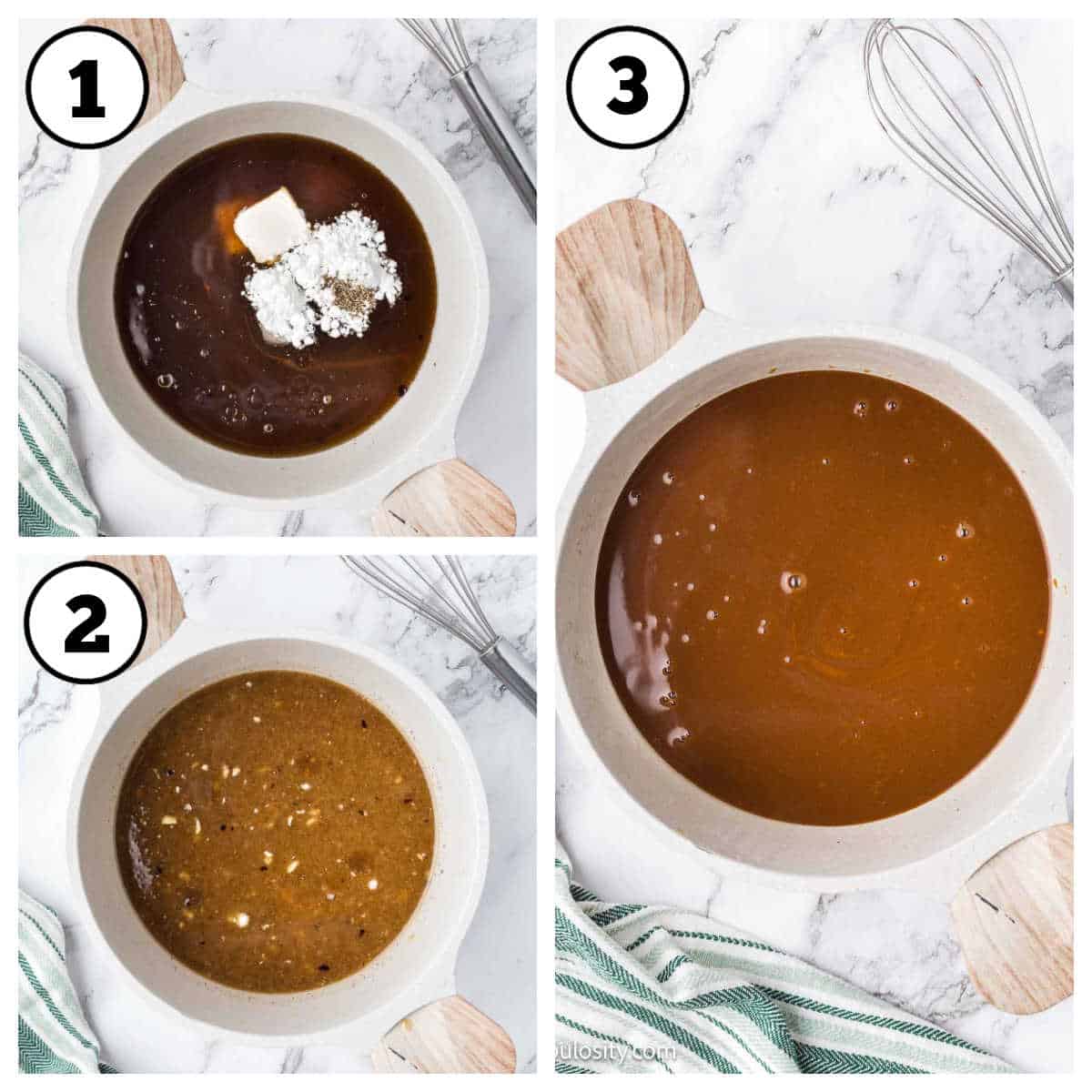 Image collage showing the three steps of making pork gravy.