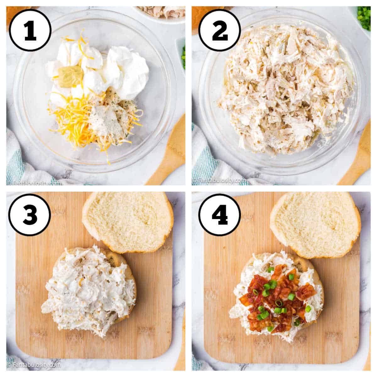 Steps 1-4 of how to make chicken bacon ranch sandwiches.