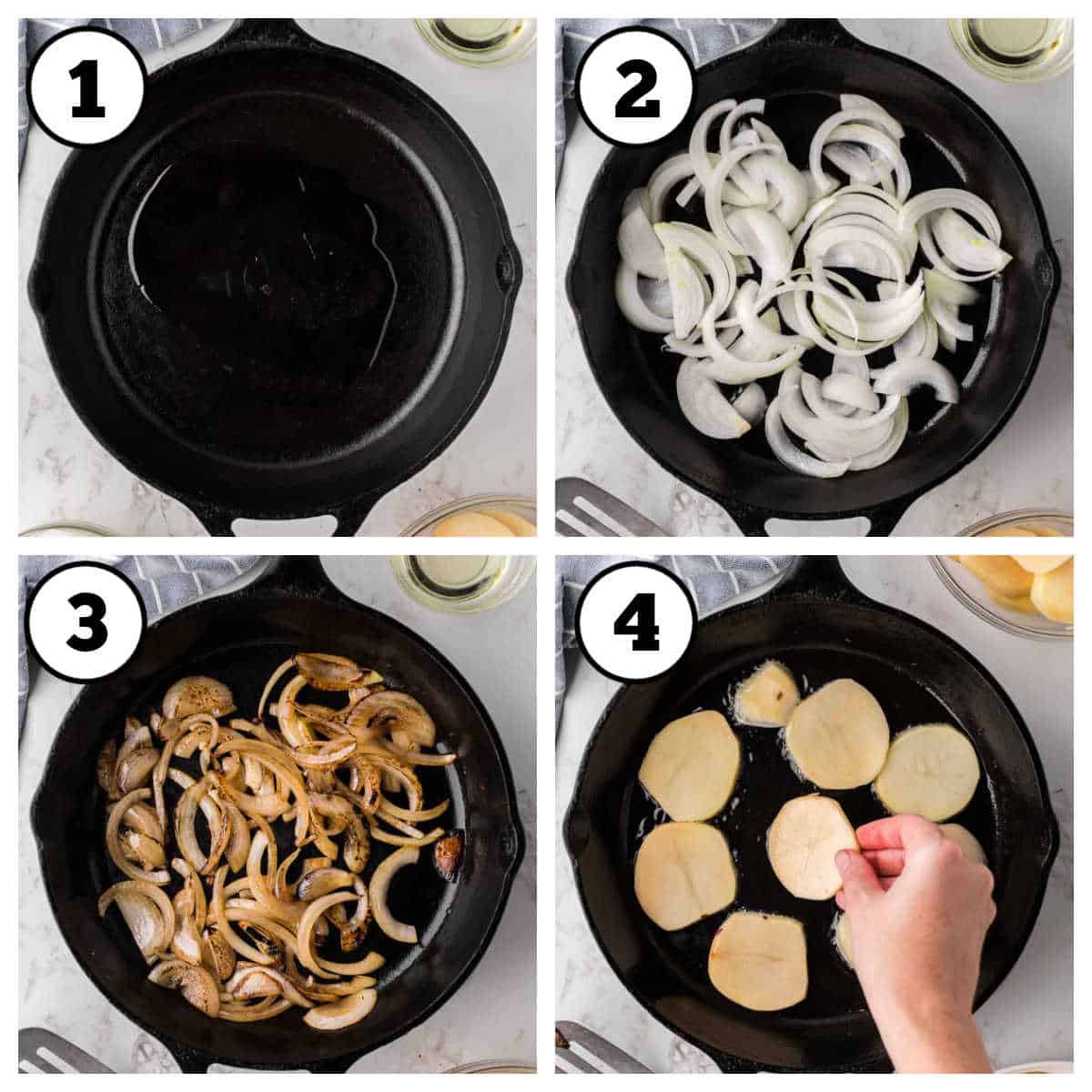 Steps 1-4 of how to make fried potatoes and onions.