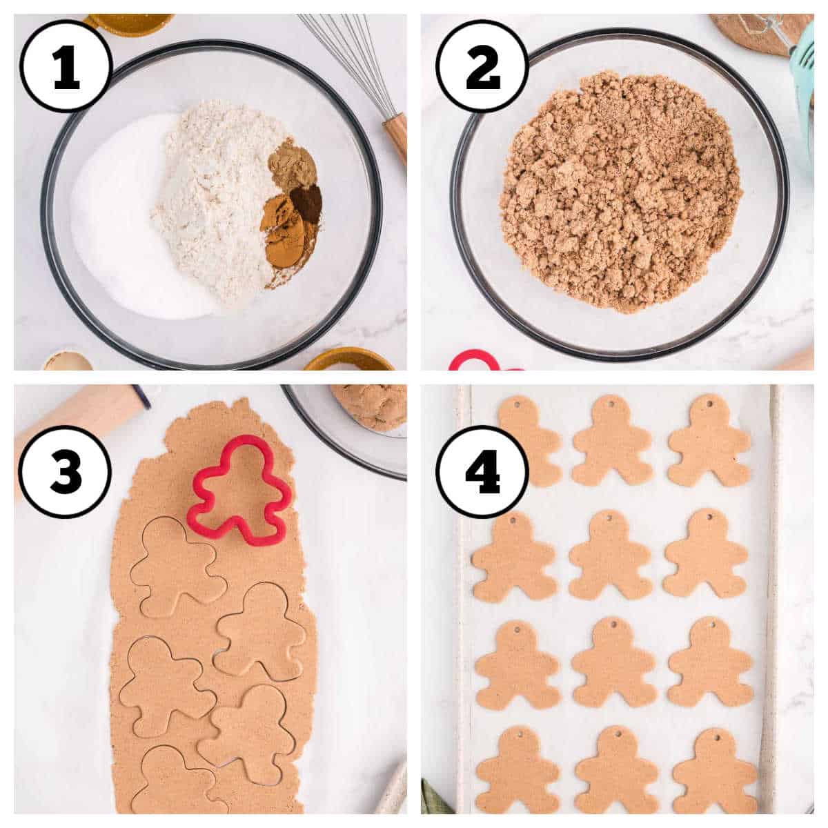 Image collage showing how to make gingerbread ornaments.
