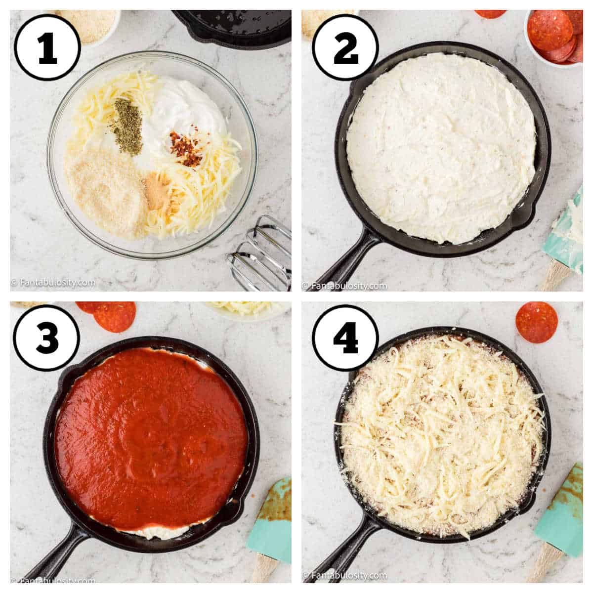 Image collage of how to make pepperoni dip.