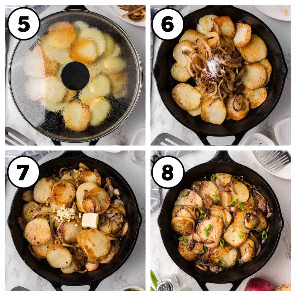 Steps 5-8 of how to make fried potatoes and onions.