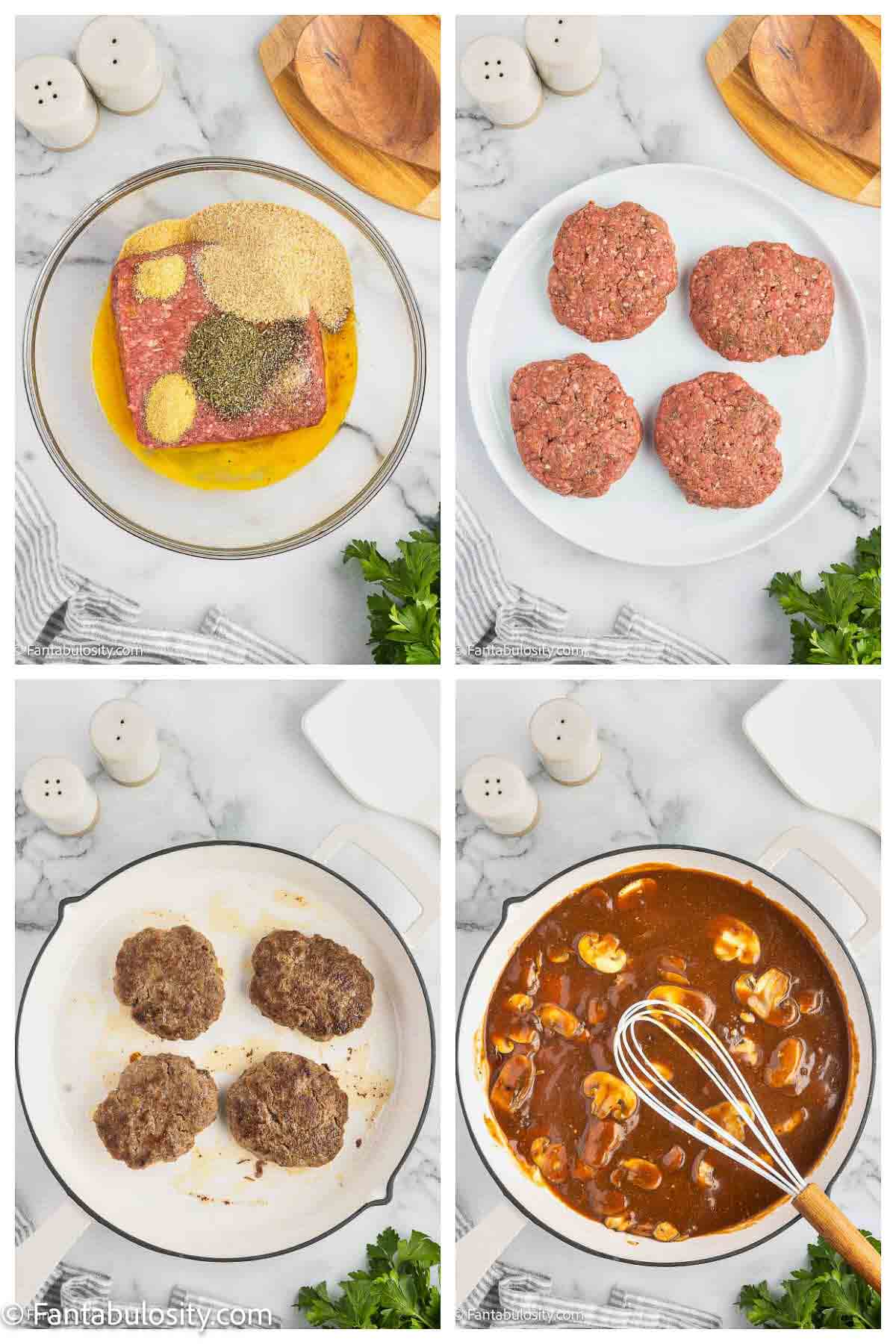 Process images for salisbury steak recipe, showing in an image collage.