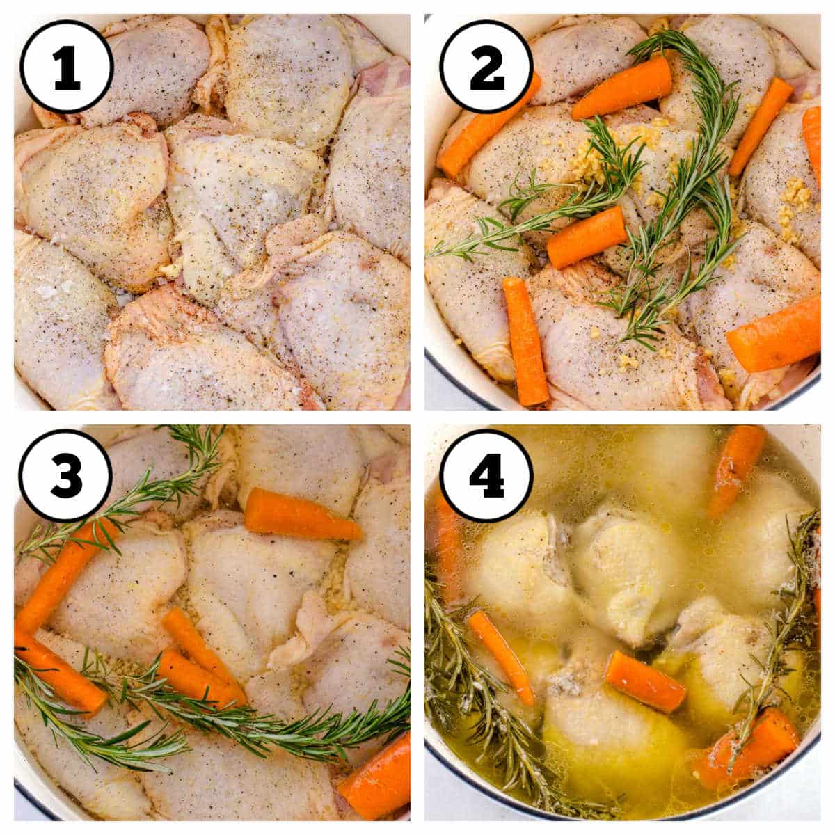 Steps 1-4 of how to boil bone-in chicken thighs.