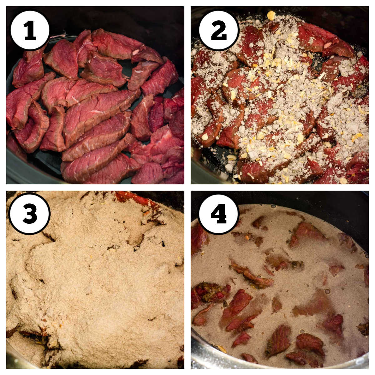Steps of 4 images showing how to make slow cooker steak.